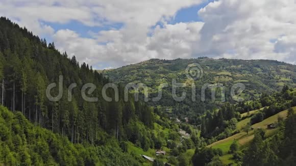 喀尔巴阡山的鸟瞰乡村美丽的山林空中视频的预览图