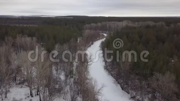 冬天针叶林冰雪覆盖的河流由无人驾驶飞机拍摄视频的预览图