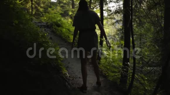 在绿林中散步的年轻女子的后景那个女孩独自徒步旅行与自然的联系旅行视频的预览图