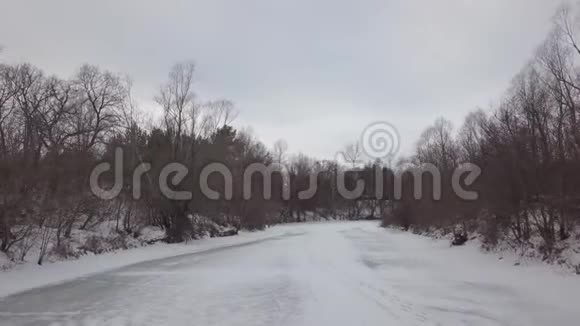 冬天在森林里照相机在白天飞过冰冻的河流视频的预览图