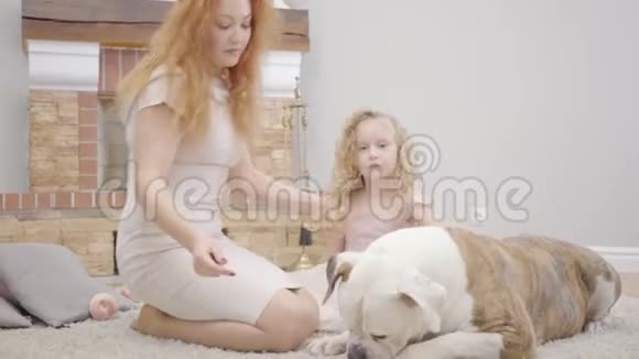 年轻的白种人女人喂牛头犬和金发小女孩说话妈妈和女儿一起度过自由时光视频的预览图