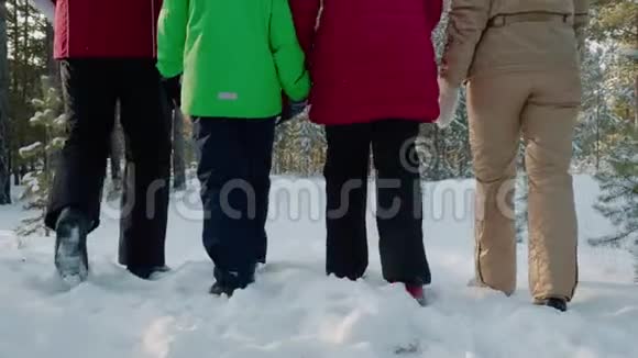 后观家走雪道冬林低角度观妈妈爸爸儿子和女儿在雪地里散步视频的预览图