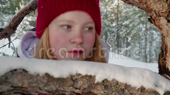 神秘的女人在冬天的森林里透过雪枝看合上戴红帽子的年轻女子的脸视频的预览图