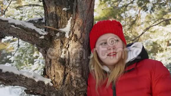 体贴的少女在冬天的森林里倚在树上视频的预览图