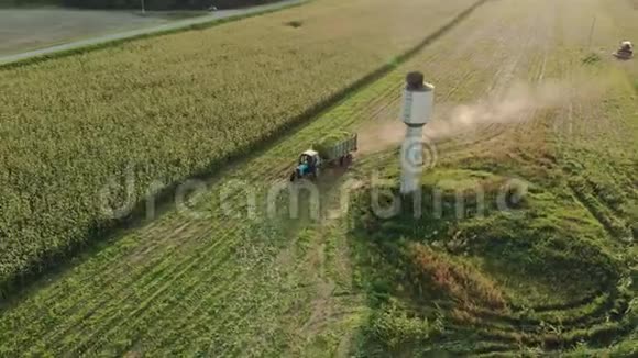 拖车里放着一种青贮饲料的拖拉机骑着一块刚刚播种的农村玉米地视频的预览图