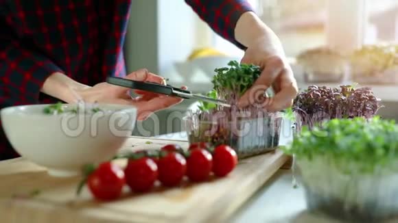 生有机食品女性切鲜微肉做沙拉碗视频的预览图