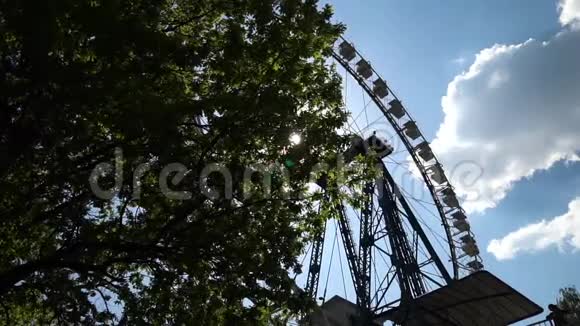公园里摩天轮的美丽镜头阳光透过树木照进照相机视频的预览图