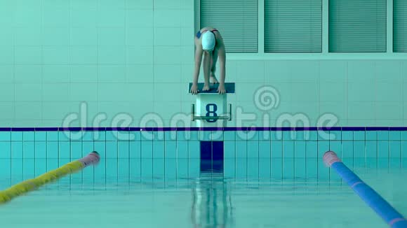 年轻的女游泳运动员那跳跃和跳水进入室内运动游泳池视频的预览图