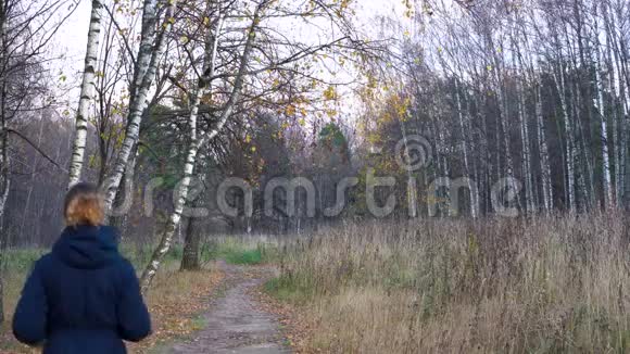一个穿着蓝色夹克和蓝色牛仔裤的苗条女人走在秋天公园的小径上在桦树之间欣赏视频的预览图