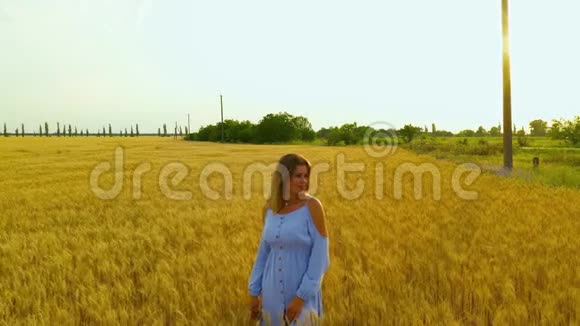 路旁夕阳西下一个穿着蓝色连衣裙的美丽少女站在小麦里视频的预览图
