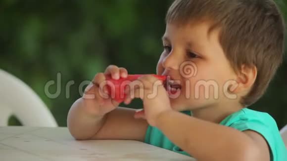小可爱男孩吃多汁的西瓜视频的预览图