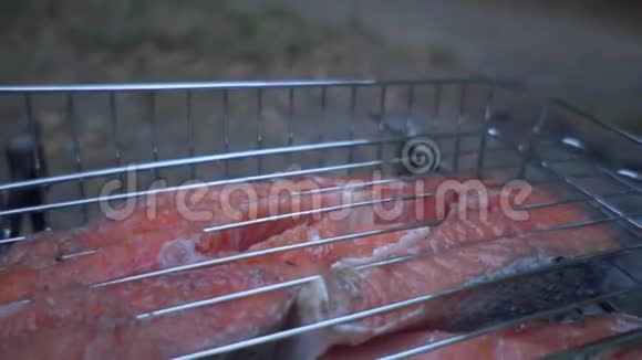 红鱼在木桩上烤着三文鱼片视频的预览图
