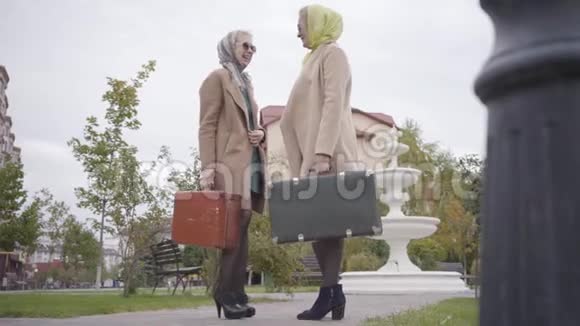 侧视图成熟的白人妇女穿着优雅的衣服和太阳镜站在旅行袋和交谈两个成年人视频的预览图
