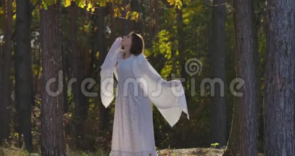 漂亮的白种人女孩站在阳光下的森林里打电话给某人微笑着白色的美丽女人视频的预览图