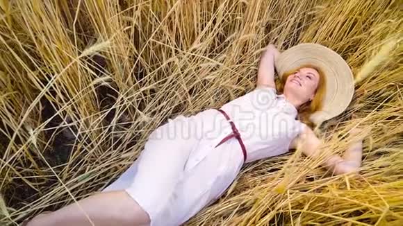 浪漫的女孩躺在成熟的麦田里视频的预览图