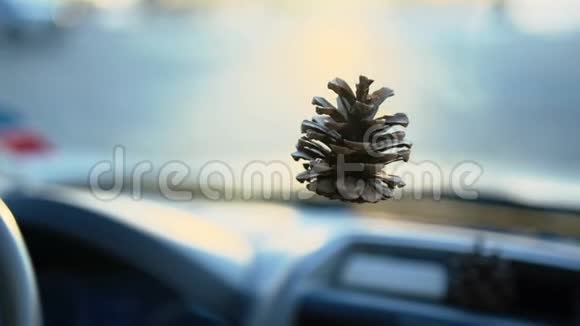 汽车后视镜上挂着松果的特写镜头视频的预览图