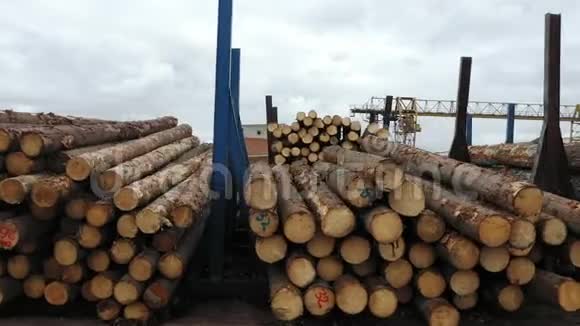 锯木厂木材生产用木材储存用木材的鸟瞰图视频的预览图