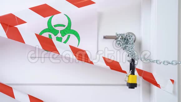 绿色和白色生物危险标志的生物威胁警报与信号磁带上的白色门与黄色锁门把手视频的预览图