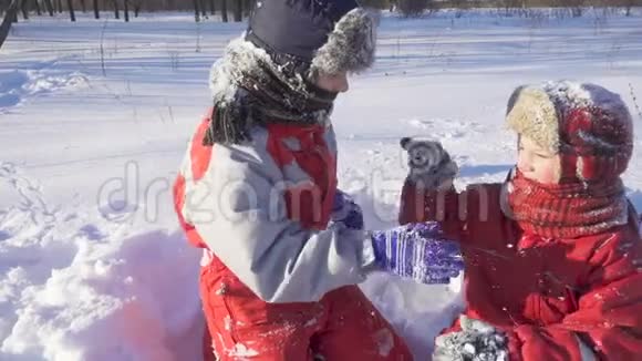 冬天的公园里有两个孩子身上有粘糊糊的雪光视频的预览图