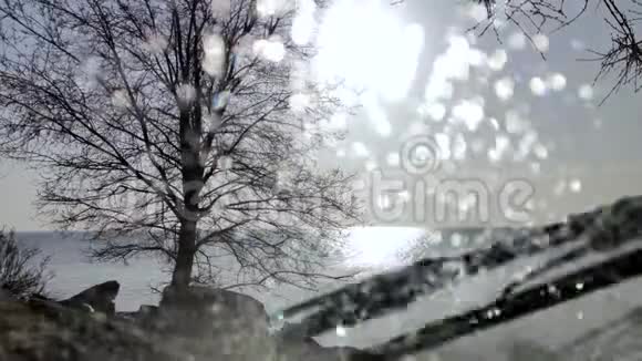在树林湖泊和闪闪发光的太阳的背景上运行汽车雨刷轮胎通过汽车挡风玻璃上的水滴闪闪发光视频的预览图