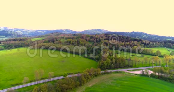 令人惊叹的空中拍摄了茂盛的绿色田野和草地在农村视频的预览图