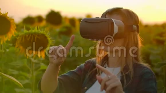在日落时分这位女士正戴着VR眼镜在向日葵之间工作视频的预览图
