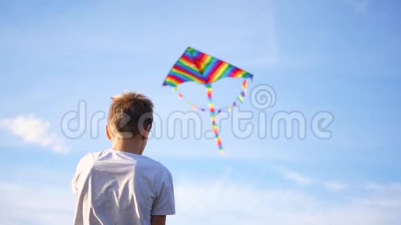男孩在蓝天背景上玩风筝户外娱乐视频的预览图