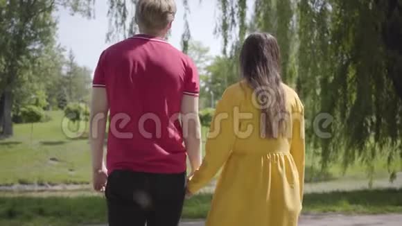 可爱的幸福的情侣相爱地走在绿色的公园里在春天美好的一天彼此温柔地牵着手浪漫消费视频的预览图
