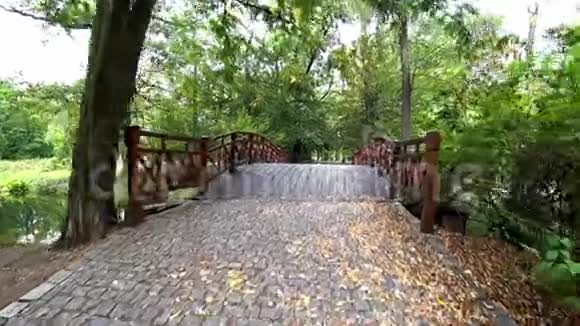 在阳光明媚的夏日在空荡荡的城市公园里穿过一座小木桥视频的预览图