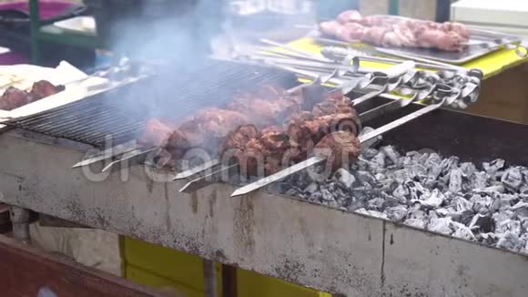 烤在木炭烤架上的钢串上的腌制猪肉串视频的预览图