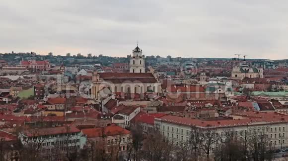 立陶宛维尔纽斯城市景观从高点冬季日苍蝇里的乌鸦视频的预览图