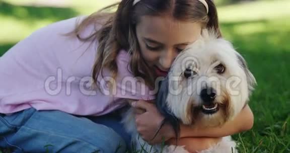 女孩在公园里和她的狗玩耍视频的预览图