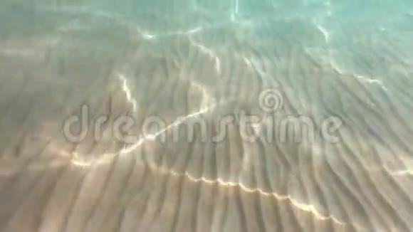 清澈的水质地在蓝色海岸波浪线和干净的沙子海洋的背景和被太阳背光的海洋天然细菌视频的预览图
