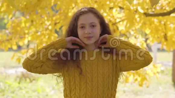 可爱的白种人红头发女孩在黄叶背景上摆姿势穿着芥末毛衣的长卷发孩子视频的预览图