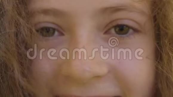 一个红发白种人女孩的棕色眼睛的极端特写卷毛的孩子看着摄像机视频的预览图