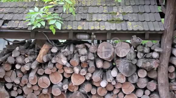 屋顶下的一个木桩上面有苔藓的痕迹风把屋顶上屋顶上树枝的叶子视频的预览图