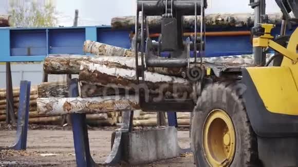 录井的装载设备木材原木的装载机日志加载程序移动一堆松木日志木材工业视频的预览图