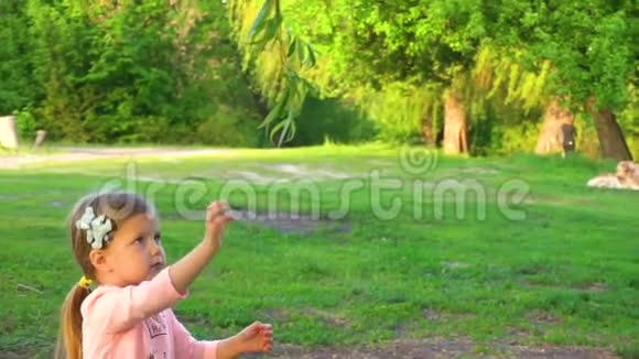 可爱的小女孩在户外摸树树叶视频的预览图
