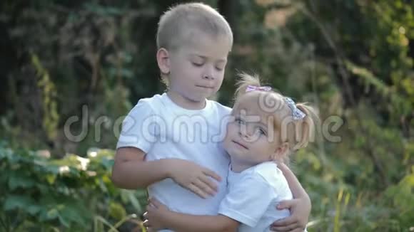 金发哥哥抱着妹妹孩子们在农村户外玩耍儿童暑期娱乐活动健康视频的预览图
