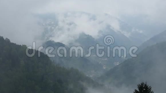 山谷森林树木村庄山和雾视频的预览图