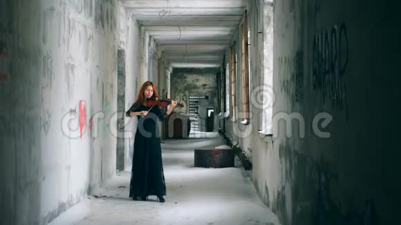 一位女士拉小提琴的雪地走廊视频的预览图