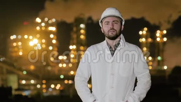 工程师整理衣服看着站在炼油厂的摄像头视频的预览图