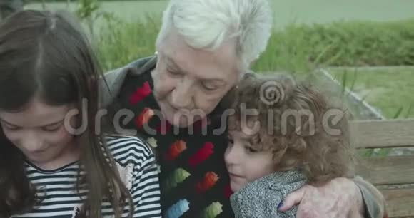 当两个年轻的孩子坐在公园的长椅上拥抱时一个年轻的男孩抚摸着这个老女人视频的预览图