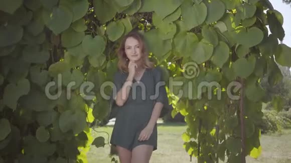 一幅可爱的年轻女人看着相机微笑着站在树上树叶很大概念视频的预览图