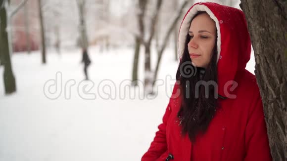 冬天穿红色夹克和引擎盖的年轻女人的肖像美丽的女士站在树附近看着远处绒毛视频的预览图