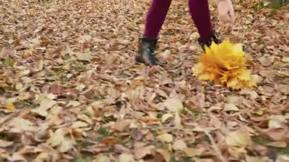 快乐的少年女孩从公园里的黄色枫叶扔花束快乐的女孩捕捉秋天的花束视频的预览图