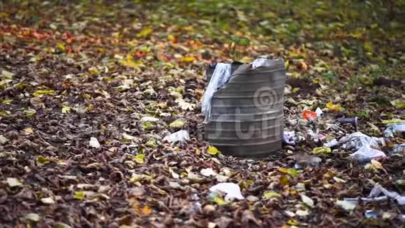 林内塑料垃圾打包自然污染野餐后垃圾桶里装满了废物环境视频的预览图