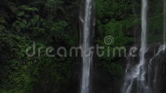 绿色雨林中的瀑布在山地丛林中鸟瞰瀑布塞库普尔印度尼西亚巴厘旅行概念视频的预览图