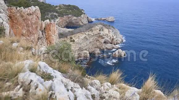 西班牙科斯塔布拉瓦海岸带悬崖绿松石水岩石泡沫波浪和树木的空中俯视图视频的预览图