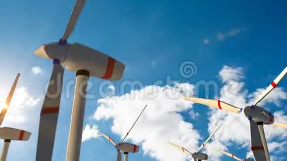 用风力涡轮机和农田俯瞰夏季乡村视频的预览图